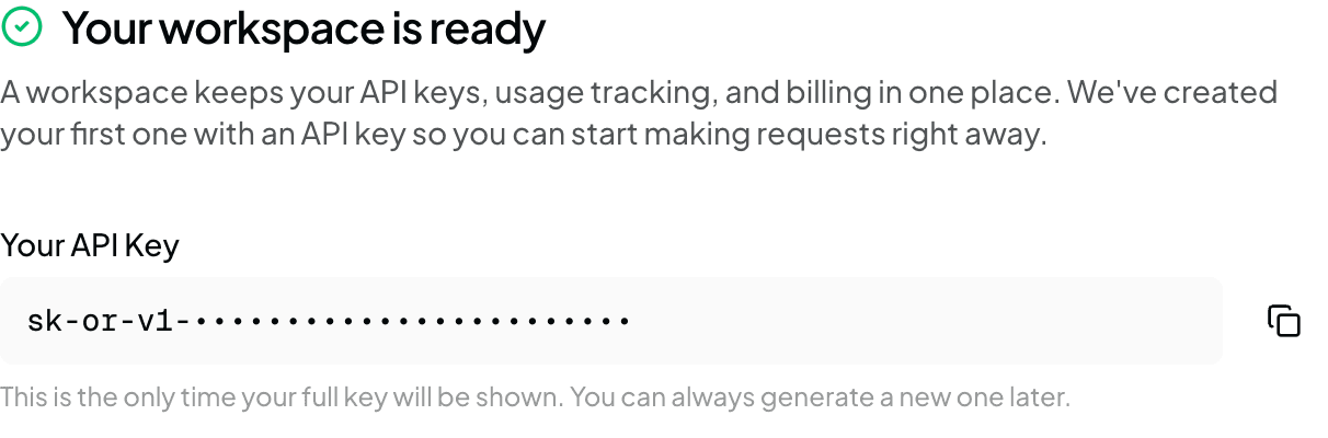 OpenRouter zeigt nach der Registrierung den frisch erzeugten API-Key an, beginnend mit sk-or-v1-, daneben ein Knopf zum Kopieren in die Zwischenablage.