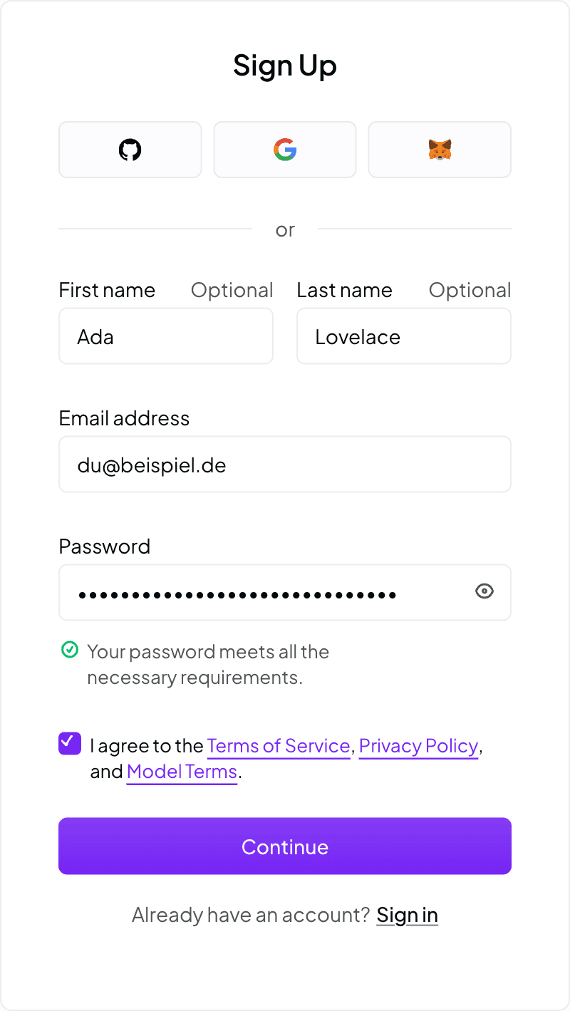 Registrierungsformular von OpenRouter mit Feldern für Vorname, Nachname, E-Mail-Adresse und Passwort sowie der Zustimmung zu den Nutzungsbedingungen.